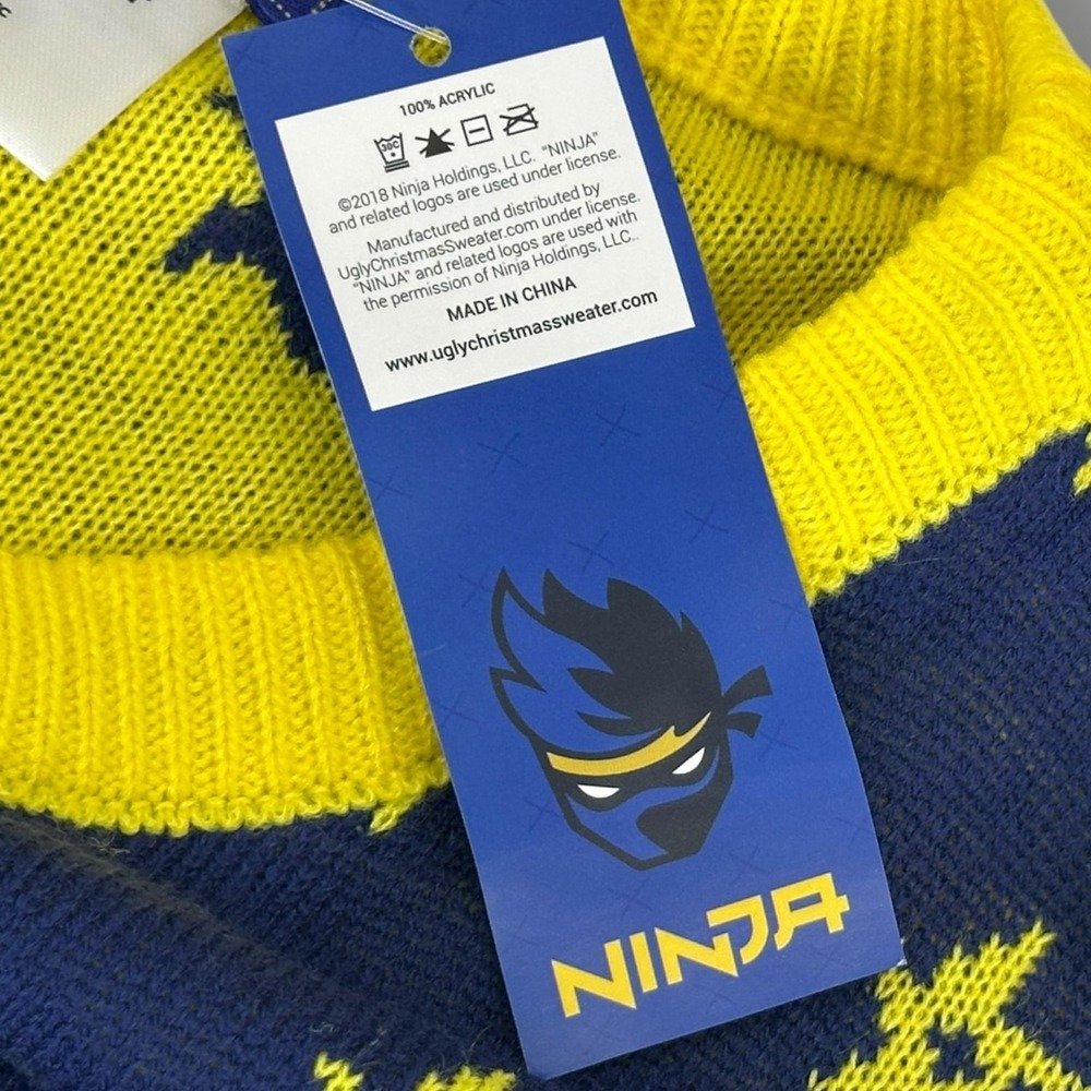 NEW Ninja Sweater Mens 3XL Blue Yellow Star Pattern Ugly Christmas Acrylic NWT - Picture 5 of 6